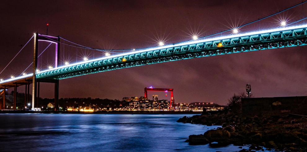 illuminated bridge in gothenburg at night