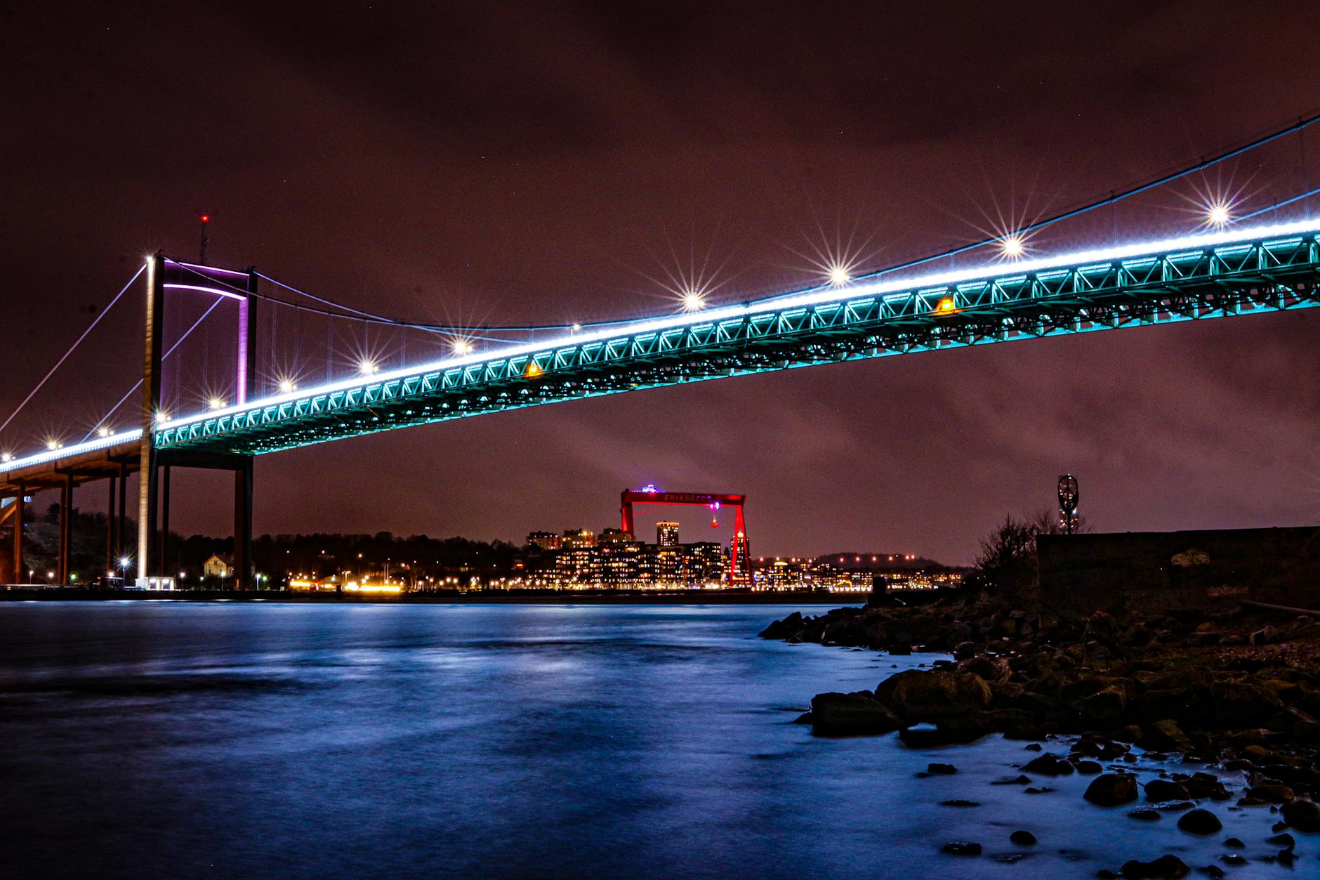 illuminated bridge in gothenburg at night
